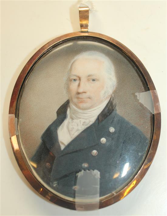 Attributed to Philip Jean (1755-1802) Miniature of a gentleman wearing a blue coat, 2.75 x 2.25in.